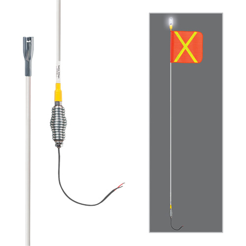 Tiges de s&eacute;curit&eacute; tout-temps de s&eacute;rie lourde avec lumi&egrave;re DEL constante Safety Whip, Fixation Ressort, Hauteur 5', Orange avec X r&eacute;fl&eacute;chissant Maritime Industrial Rubber