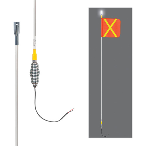 Tiges de s&eacute;curit&eacute; tout-temps de s&eacute;rie lourde avec lumi&egrave;re DEL constante Safety Whip, Fixation Ressort, Hauteur 10', Orange avec X r&eacute;fl&eacute;chissant Maritime Industrial Rubber