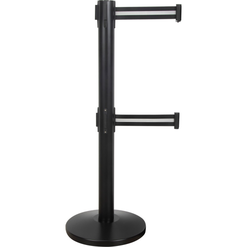 Barri&egrave;re pour le contr&ocirc;le des foules &agrave; courroie double, Acier, 35" h, Ruban Noir/Blanc, Longueur du ruban 7' Maritime Industrial Rubber
