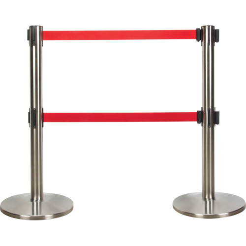 Barri&egrave;re pour le contr&ocirc;le des foules &agrave; courroie double, Acier, 35" h, Ruban Rouge, Longueur du ruban 7' Maritime Industrial Rubber