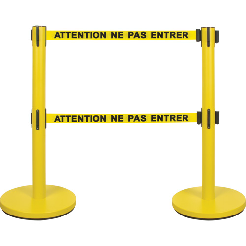 Barri&egrave;re pour le contr&ocirc;le des foules &agrave; courroie double, Acier, 35" h, Ruban Jaune, Longueur du ruban 7' Maritime Industrial Rubber