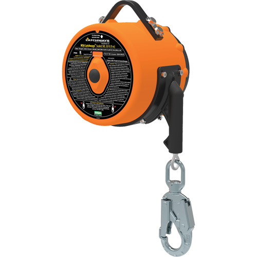 Longe auto-r&eacute;tractable scell&eacute;e &agrave; loquet, 85', 1 Jambe, C&acirc;ble en acier inoxydable, Connexion au harnais Crochet mousqueton Maritime Industrial Rubber