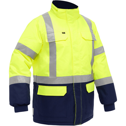 Manteau pour le froid extr&ecirc;me avec bas bleu marin et X au dos Bisley, Polyester, Jaune lime haute visibilit&eacute;, Petit Maritime Industrial Rubber