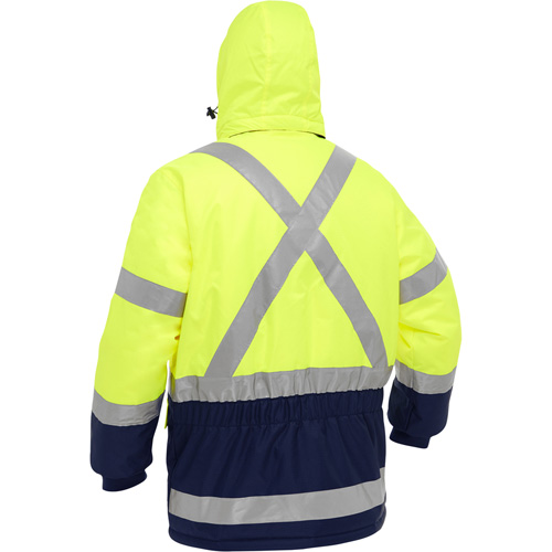 Manteau pour le froid extr&ecirc;me avec bas bleu marin et X au dos Bisley, Polyester, Jaune lime haute visibilit&eacute;, Petit Maritime Industrial Rubber