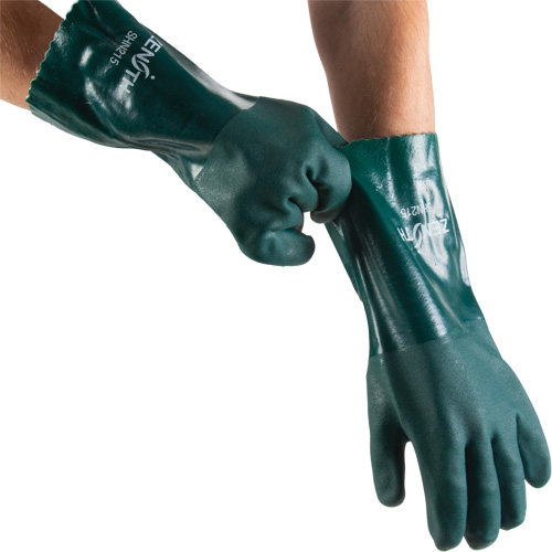 Double Dipped Green Gloves, 14" L, PVC, Cotton Jersey Inner Lining, 70-mil Maritime Industrial Rubber
