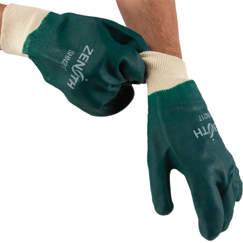 Double Dipped Green Gloves, 10" L, PVC, Cotton Jersey Inner Lining, 70-mil Maritime Industrial Rubber