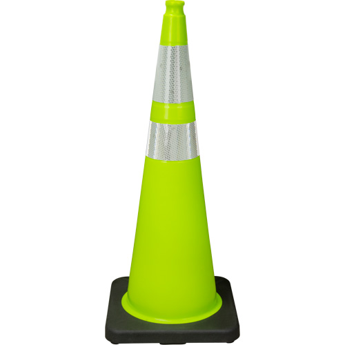 C&ocirc;ne de signalisation de premi&egrave;re qualit&eacute;, 36", Vert lime, Bande(s) r&eacute;fl&eacute;chissante(s) 4" & 6" Maritime Industrial Rubber
