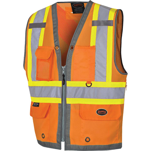 Veste de s&eacute;curit&eacute; pour arpenteur Pioneer avec fermeture &agrave; glissi&egrave;re et dos en maille, Orange haute visibilit&eacute;, Petit, Polyester Maritime Industrial Rubber