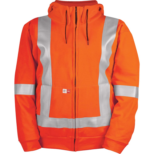Chandail haute visibilit&eacute; &agrave; fermeture &eacute;clair sur le devant, r&eacute;sistant au vent, avec capuchon amovible, Hommes, Grand, Orange haute visibilit&eacute;, 27,7 cal/cm² Maritime Industrial Rubber