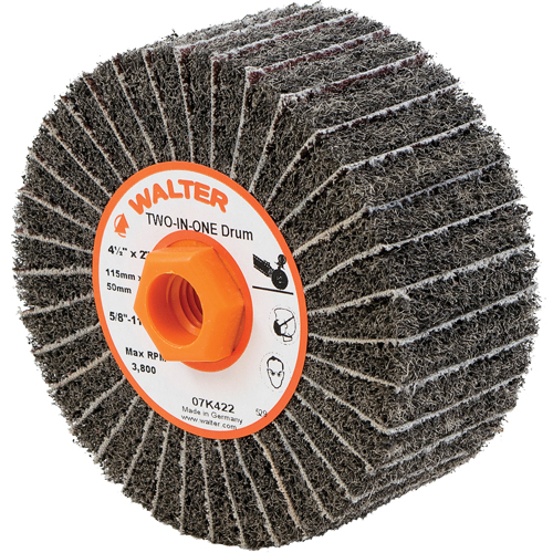Two-In-One Finishing Drums, 4-1/2" Dia. x 2" W, 5/8"-11 Arbor, Aluminum Oxide Maritime Industrial Rubber
