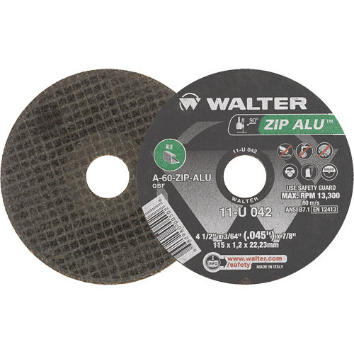 Meule &agrave; tronçonner Zip Alu, 4-1/2" x 3/64", Arbre de 7/8", Type 1, Oxyde d'aluminium, 13 300 Tr/min Maritime Industrial Rubber