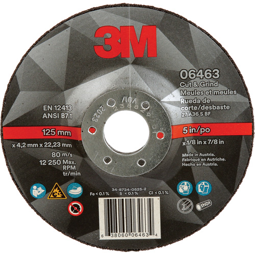 Cut & Grind Wheel, 5" x 1/8", 7/8" Arbor, Type 27, Ceramic Maritime Industrial Rubber