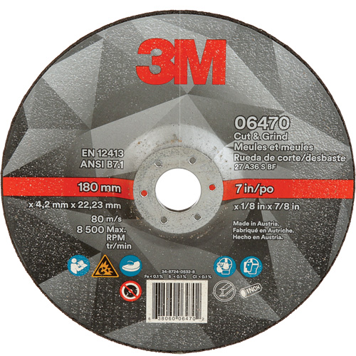 Cut & Grind Wheel, 7" x 1/8", 7/8" Arbor, Type 27, Ceramic Maritime Industrial Rubber