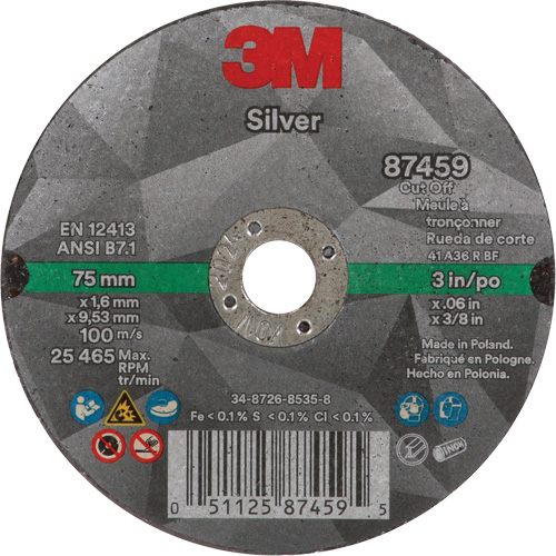 Meule &agrave; tronçonner Silver, 3" x 0,06", Arbre de 3/8"-24, Type 1, C&eacute;ramique, 25645 Tr/min Maritime Industrial Rubber