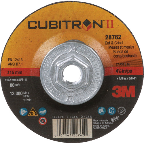 Disque de coupe et de meulage &agrave; changement rapide Cubitron II, 4-1/2" x 1/8", Arbre de 5/8"-11, Type 27, C&eacute;ramique Maritime Industrial Rubber