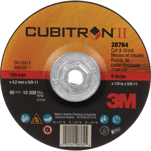 Disque de coupe et de meulage &agrave; changement rapide Cubitron II, 6" x 1/8", Arbre de 5/8"-11, Type 27, C&eacute;ramique Maritime Industrial Rubber