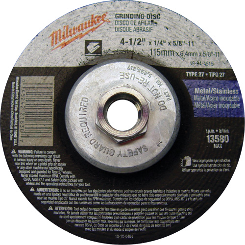 Meule, 4-1/2" x 1/4", Arbre 5/8"-11, Oxyde d'aluminium, Type 27 Maritime Industrial Rubber