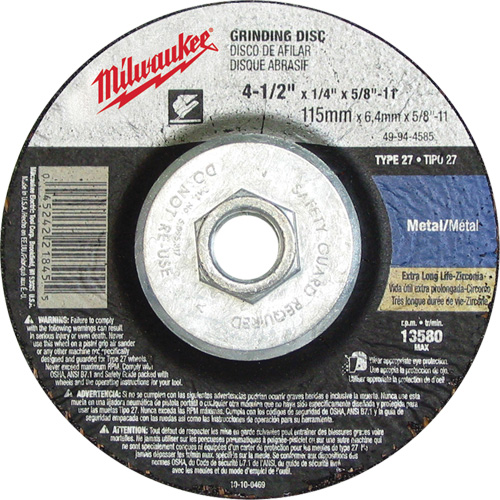 Meule, 4-1/2" x 1/8", Arbre 5/8"-11, Oxyde d'aluminium, Type 27 Maritime Industrial Rubber