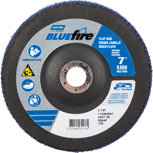 BlueFire R884P Coarse Grit Flap Disc, 7" x 7/8", Type 27, 80 Grit, Zirconia Alumina Maritime Industrial Rubber
