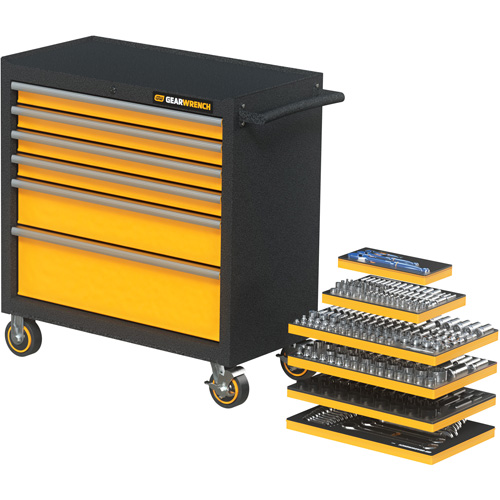 Jeu d'outils m&eacute;triques pour m&eacute;canicien MEGAMOD dans des plateaux en mousse modulaire avec armoire roulante &agrave; outils, 358 morcea Maritime Industrial Rubber