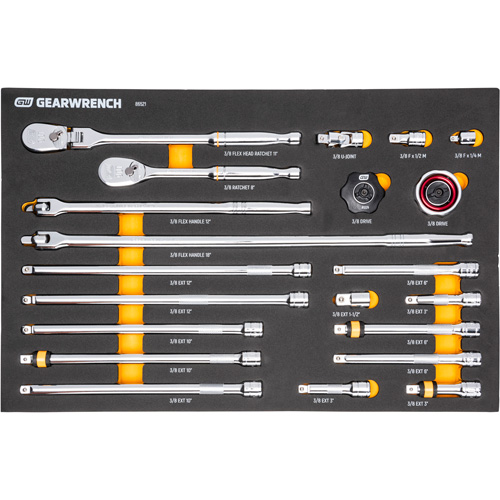 Ensemble d'outils &agrave; cliquet et d'entraînement 3/8" &agrave; 90 dents avec plateau de rangement en mousse Maritime Industrial Rubber