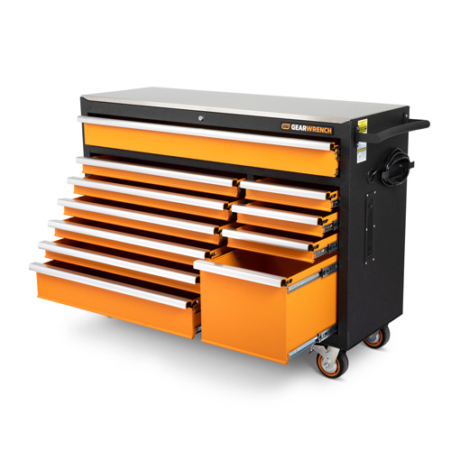 Armoire &agrave; outils roulante avec dessus de travail en acier inoxydable, 11 tiroirs, 52" la x 18" p x 36" h, Noir/Orange Maritime Industrial Rubber