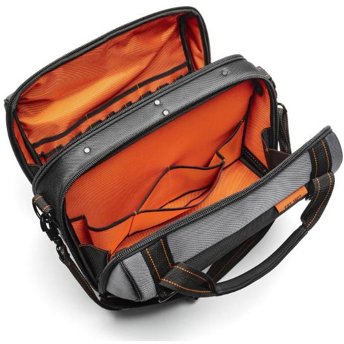 17" Tradesman Closed Top Tool Bag, Polyester, 3 Pockets, Black/Grey/Orange Maritime Industrial Rubber