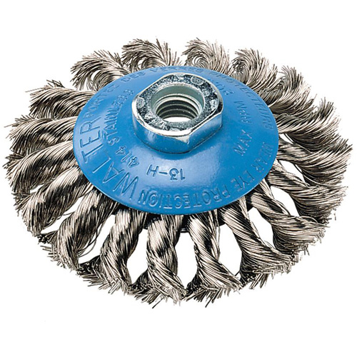 Knot-Twisted Saucer Cup Wire Wheel, 7" Dia., 0.02" Fill, 5/8"-11 Arbor, Aluminum/Stainless Steel Maritime Industrial Rubber
