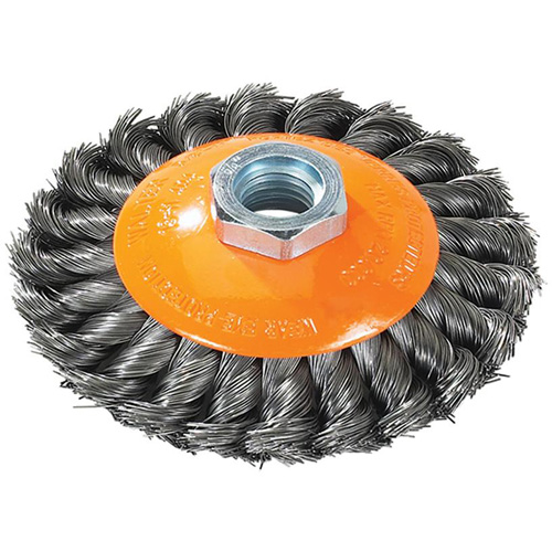 Knot-Twisted Saucer Cup Wire Wheel, 7" Dia., 0.02" Fill, 5/8"-11 Arbor, Steel Maritime Industrial Rubber