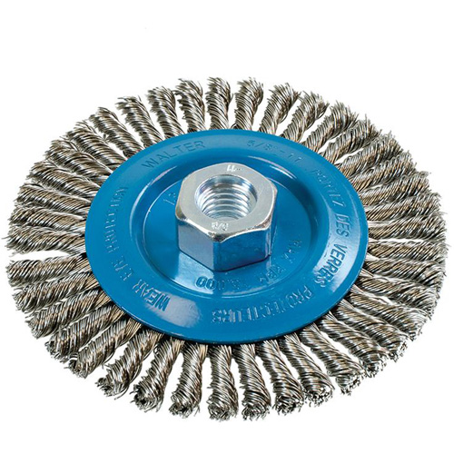 Brosse &agrave; fils &eacute;troits nou&eacute;s et torsad&eacute;s, Dia. 5", Fils 0,02", Arbre 5/8"-11, Aluminium/Acier inoxydable Maritime Industrial Rubber