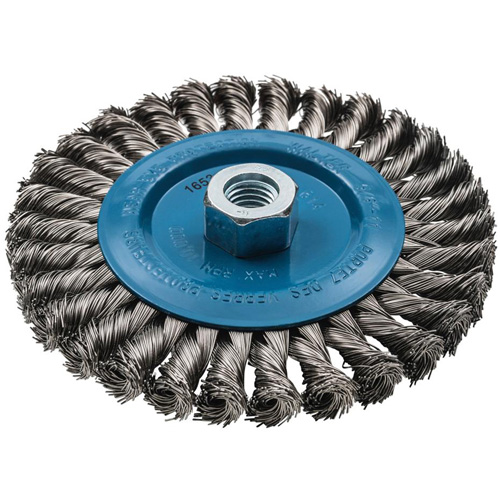 Wide Knotted Wire Wheel Brush, 6" Dia., 0.02" Fill, 5/8"-11 Arbor, Aluminum/Stainless Steel Maritime Industrial Rubber