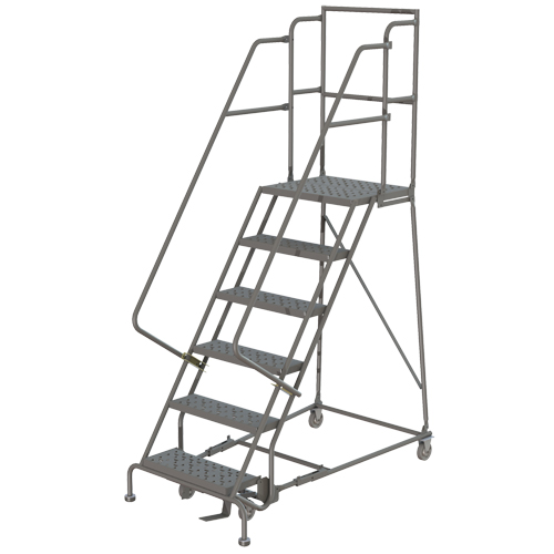 Escabeaux roulants &agrave; dessus profond, 7 marches, Largeur de la marche 16", Hauteur de la plateforme 70", Acier Maritime Industrial Rubber