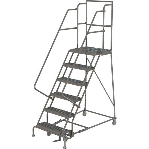 Escabeaux roulants &agrave; dessus profond, 6 marches, Largeur de la marche 16", Hauteur de la plateforme 60", Acier Maritime Industrial Rubber