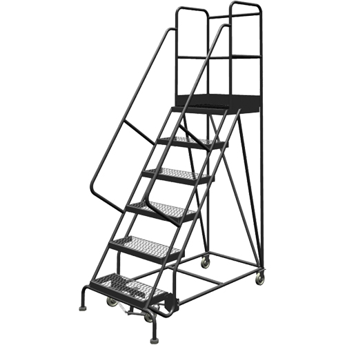 Deep Top Step Rolling Ladder, 6 Steps, 24" Step Width, 60" Platform Height, Steel Maritime Industrial Rubber