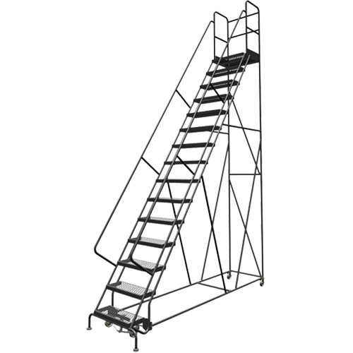 Escabeaux roulants &agrave; dessus profond, 15 marches, Largeur de la marche 24", Hauteur de la plateforme 150", Acier Maritime Industrial Rubber