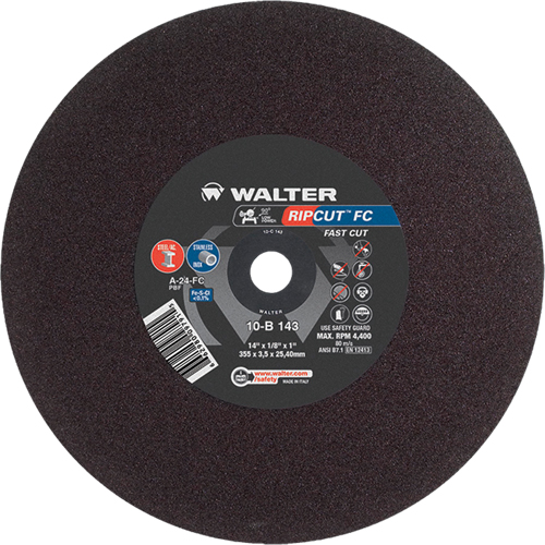 Ripcut Stainless Steel & Steel Cut-Off Wheel for Stationary Saws, 14" x 1/8", 1" Arbor, Type 1, Aluminum Oxide, 4400 RPM Maritime Industrial Rubber