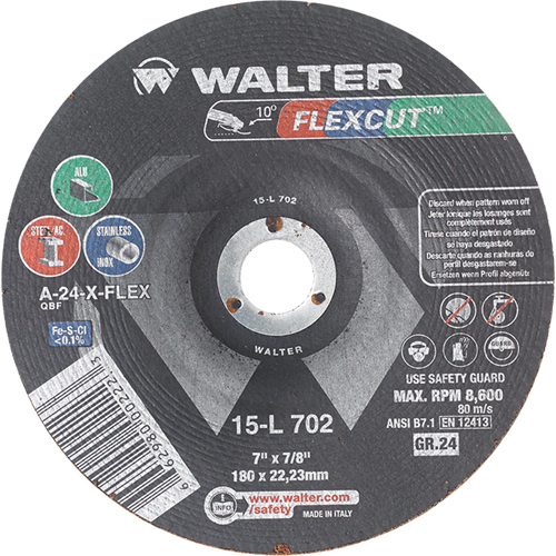 Flexcut Depressed Centre Grinding Wheels, 7", 24 Grit, Aluminum Oxide, 7/8", 8600 RPM, Type 29 Maritime Industrial Rubber