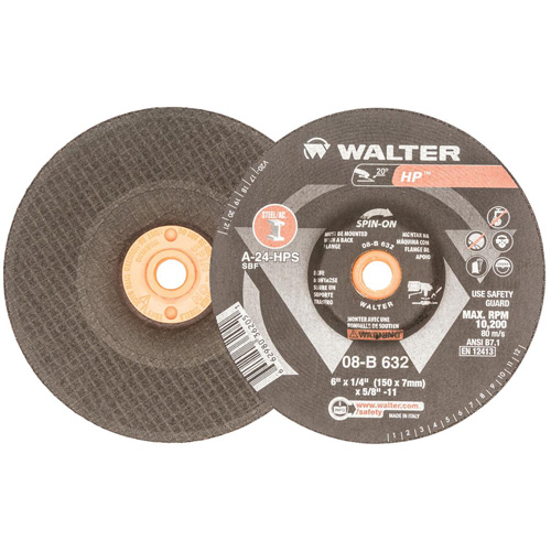 Disque de meulage et tronçonnage HP, 6" x 1/8", Arbre 5/8"-11, Oxyde d'aluminium, Type 27 Maritime Industrial Rubber