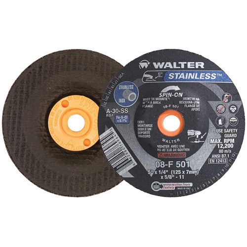 Meule STAINLESS, 5" x 1/4", Arbre 5/8"-11, Oxyde d'aluminium, Type 28S Maritime Industrial Rubber