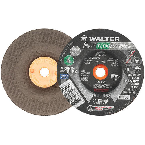 Meule FLEXCUT MILL SCALE, 5", 36 Grain, Oxyde d'aluminium, 5/8"-11, 12 200 Tr/min, Type 29 Maritime Industrial Rubber