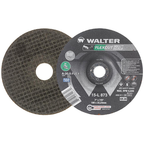 Meule FLEXCUT MILL SCALE, 7", 36 Grain, Oxyde d'aluminium, 7/8", 8600 Tr/min, Type 29 Maritime Industrial Rubber