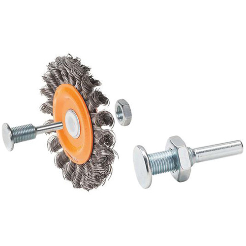 Brosse rotative mont&eacute;e &agrave; fils nou&eacute;s torsad&eacute;s r&eacute;versible, Dia. 3", Fils 0,0118", Arbre 1/2", Acier Maritime Industrial Rubber