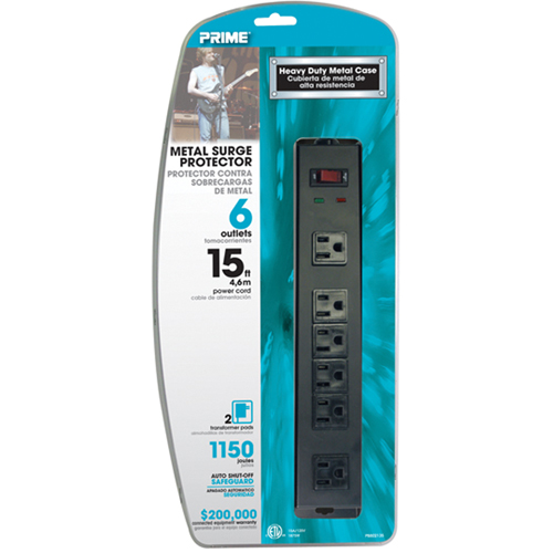 Surge Protector, 6 Outlets, 1150 J, 1875 W, 15' Cord Maritime Industrial Rubber