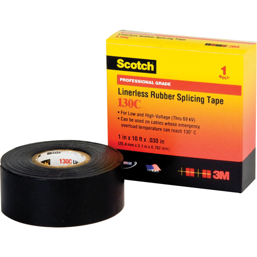 Scotch&reg; Linerless Rubber Splicing Tape 130C, 25.4 mm (1") x 9.14 m (30'), Black Maritime Industrial Rubber