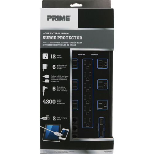 USB Charging Surge Protectors, 12 Outlets, 4200 J, 1875 W, 6' Cord Maritime Industrial Rubber