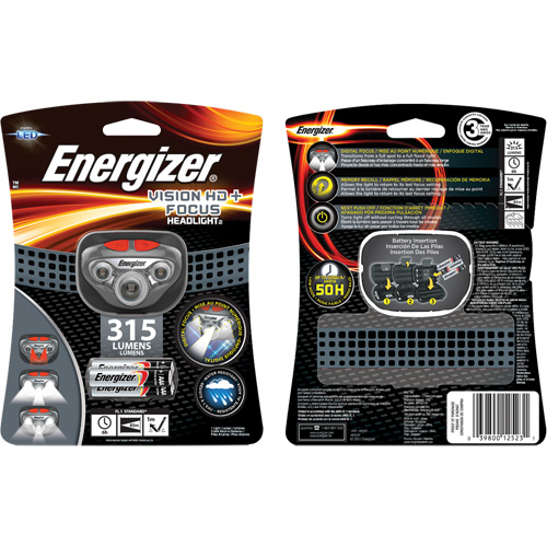 Vision HD+ Focus Headlamp, LED, 315 Lumens, 6 Hrs. Run Time, AAA Batteries Maritime Industrial Rubber