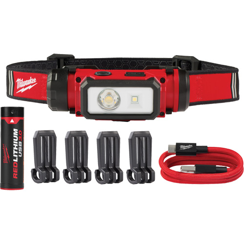 REDLITHIUM USB Hardhat Headlamp, LED, 600 Lumens, 5 Hrs. Run Time, Rechargeable Batteries Maritime Industrial Rubber