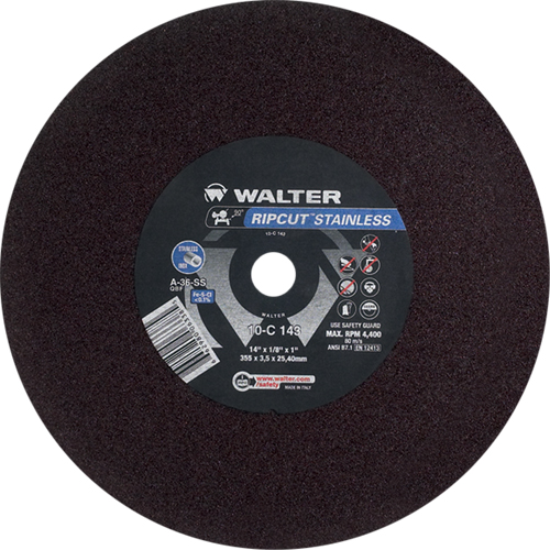 Meule &agrave; tronçonner Ripcut II pour la coupe de l'acier inoxydable sur scies fixes, 14" x 1/8", Arbre de 1", Type 1, Oxyde d'aluminium, 4400 Tr/min Maritime Industrial Rubber