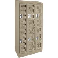 Clean Line Lockers, 2 -tier, Bank of 3, 36" x 12" x 82", Steel, Beige, Rivet (Assembled), Perforated Maritime Industrial Rubber