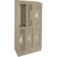 Clean Line Lockers, 2 -tier, Bank of 3, 36" x 12" x 82", Steel, Beige, Rivet (Assembled), Perforated Maritime Industrial Rubber